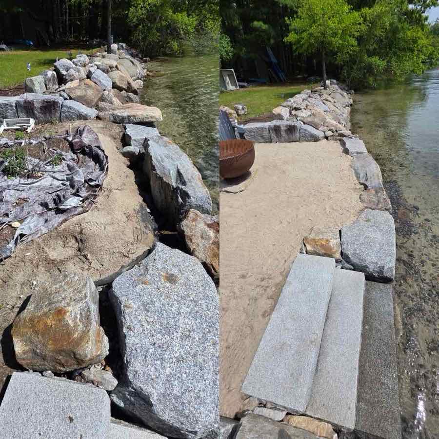 Before and after of a lakeside retaining wall and drainage rebuild, with sand fill replacing an eroded slope